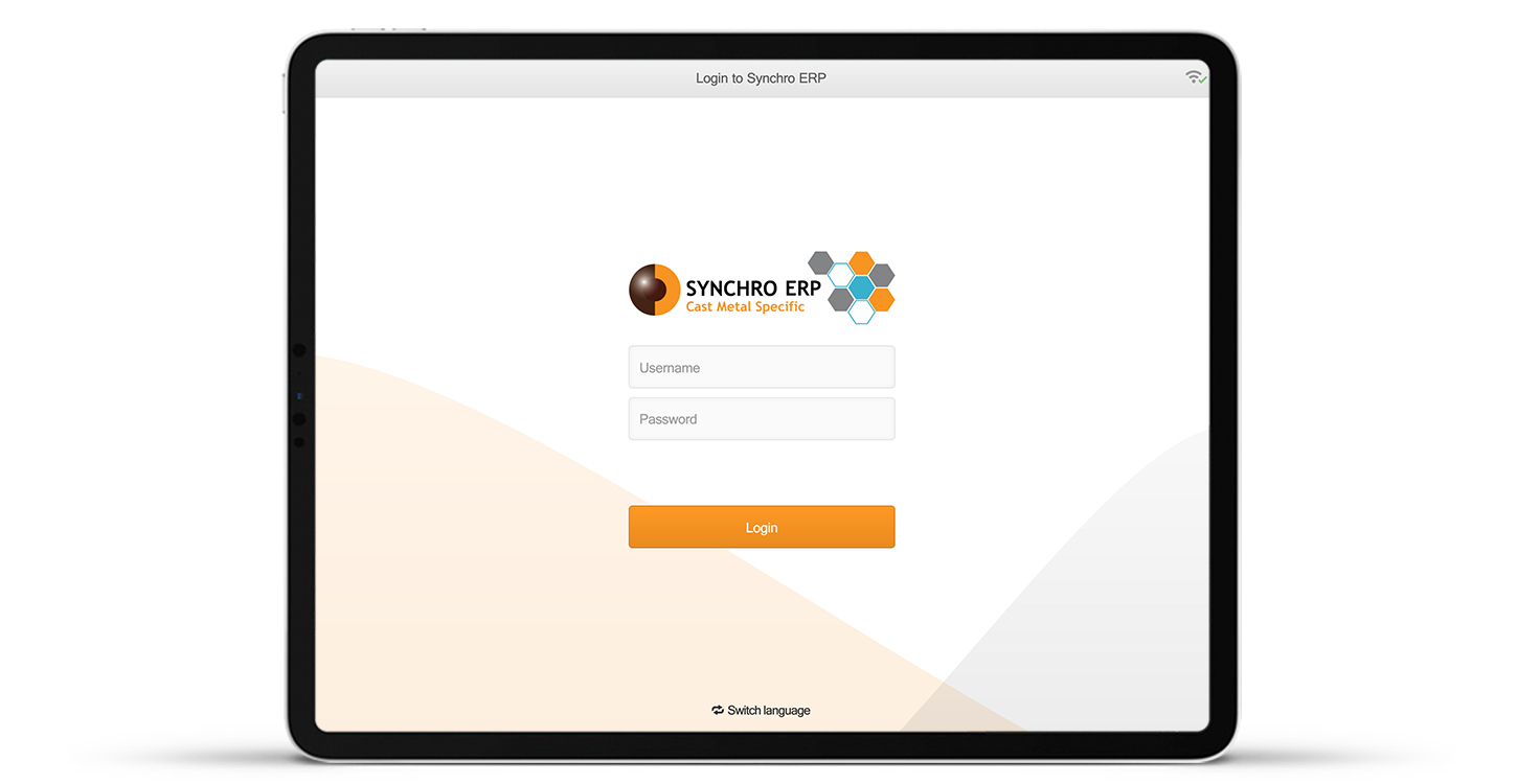 Synchro ERP's new login portal displayed on a tablet, orange and white themed design