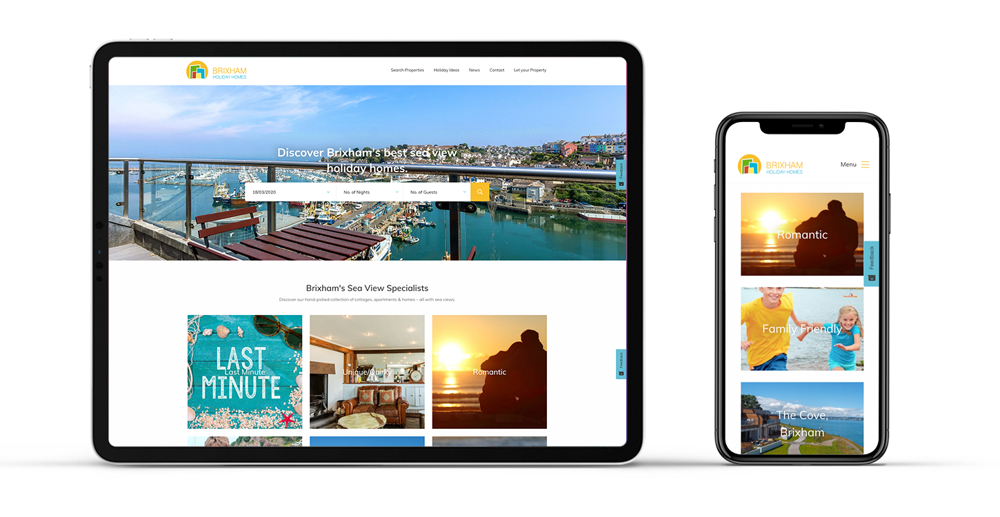 Brixham Holiday Homes website home page with a search bar shown on an ipad