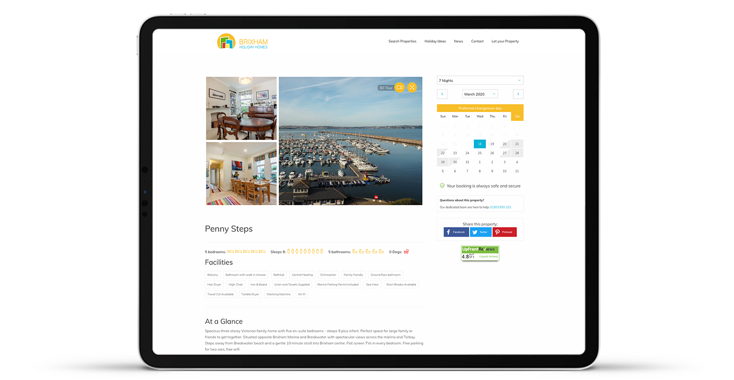 Brixham Holiday Homes property page shown on an upright ipad