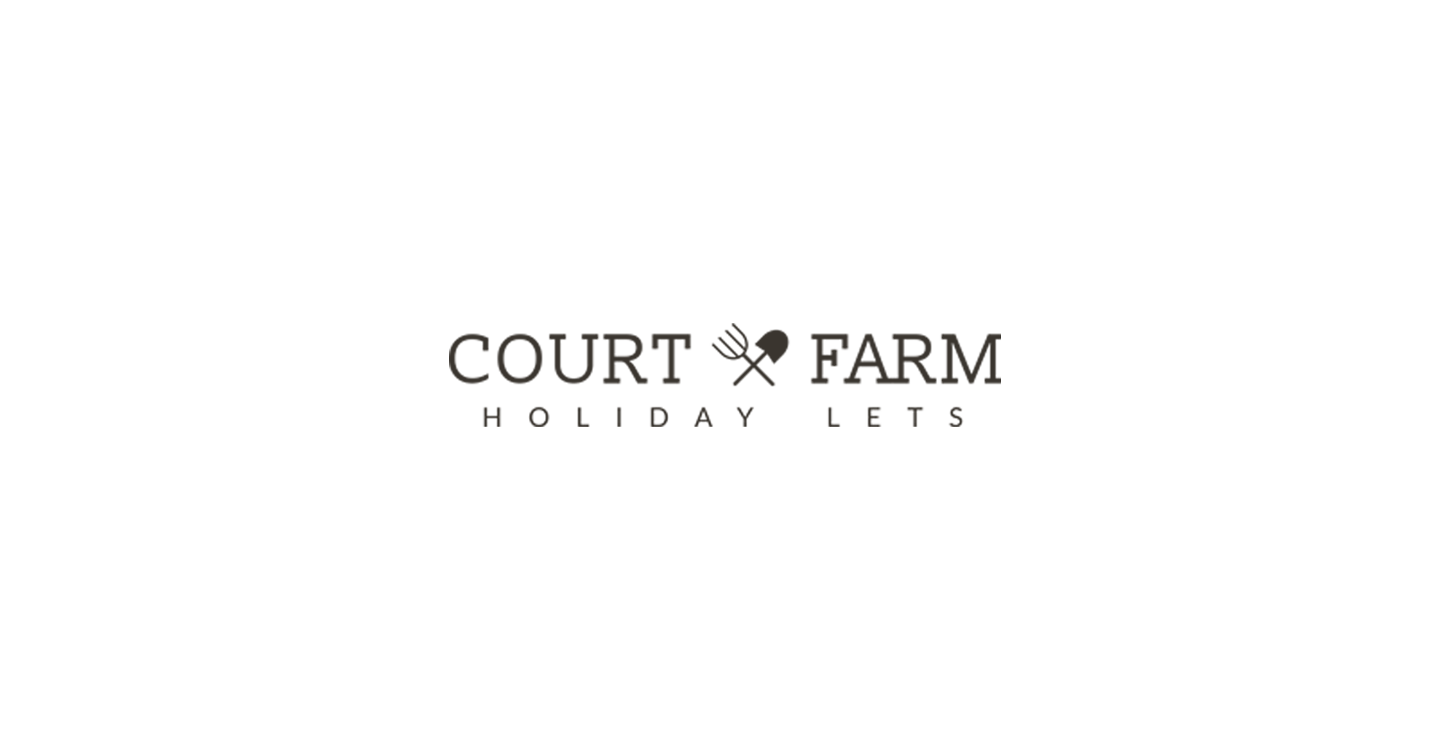 court farm logo showing the brand name and a crossed fork and spade separating the two words