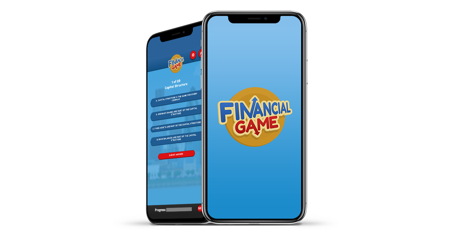 Financial game app displayed on two iphones standing upright, one showing the load up screen the other showing the menu screen