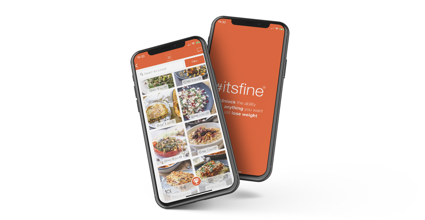 The new fine dieting app shown on two iphones, one displaying the load up page and the other displaying meal options