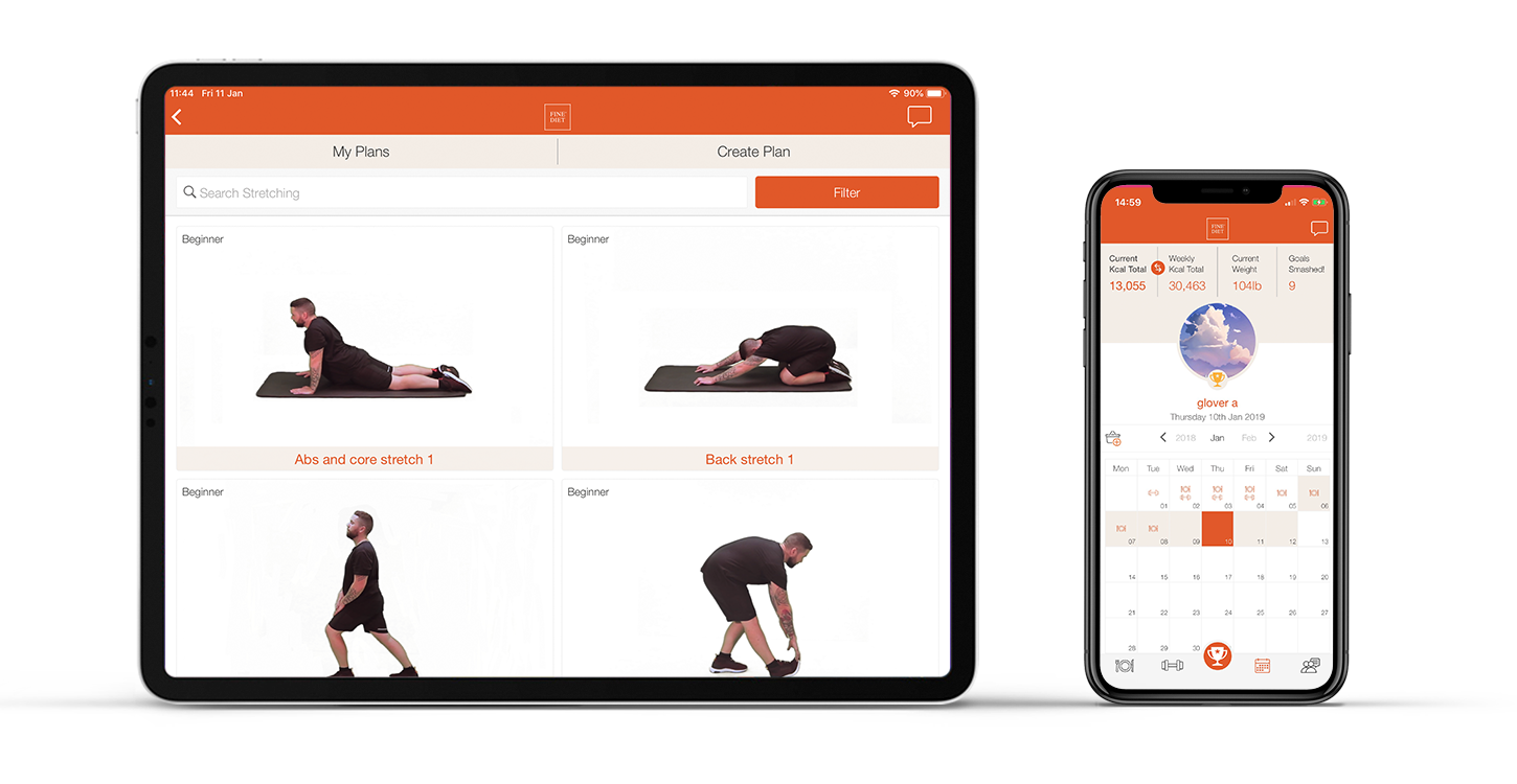 The fine dieting app displayed on an ipad and iphone side by side, the ipad is showing thier workout regimes and the phone is showing a profile page