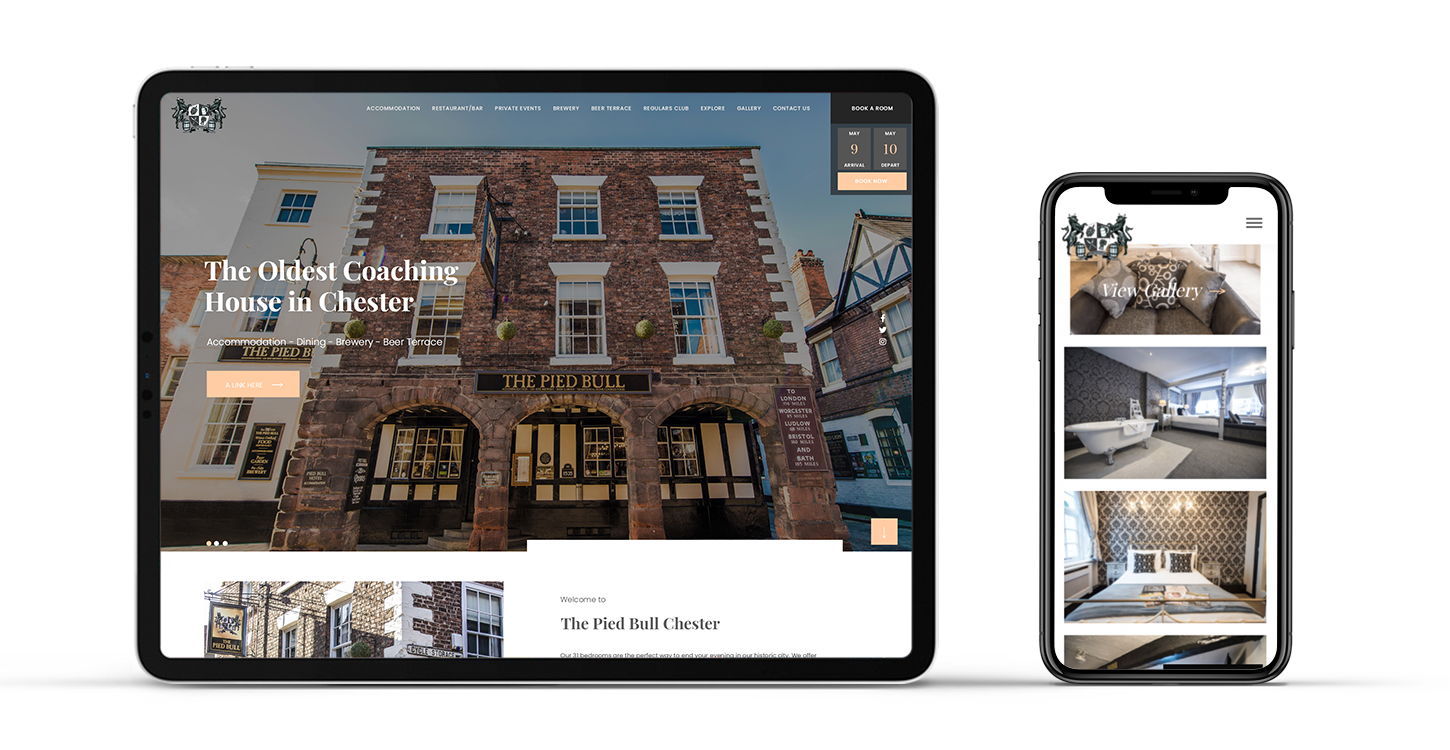 The pied bull's new website shown on an ipad and iphone, displaying thier home page and accomodation page