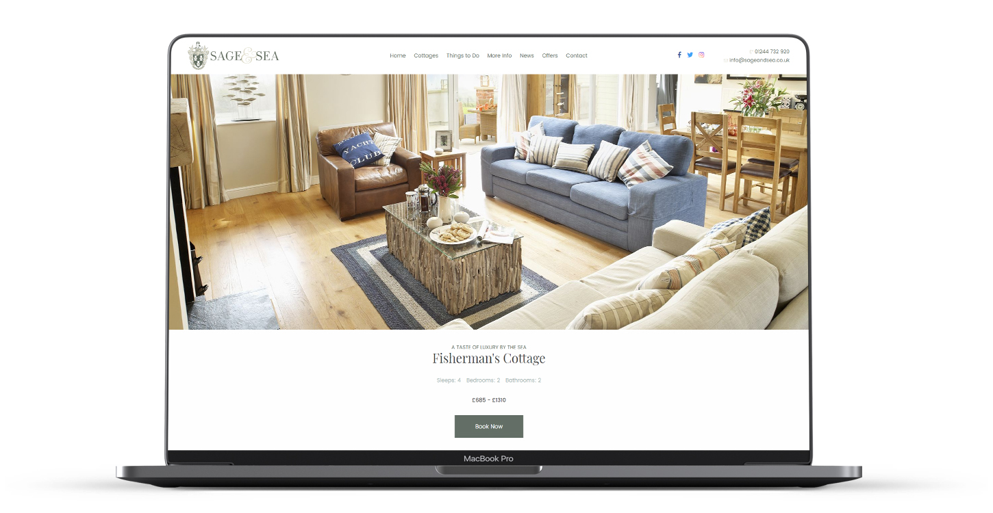 The sage & sea website property page displayed on an laptop, showing a cosy country living room