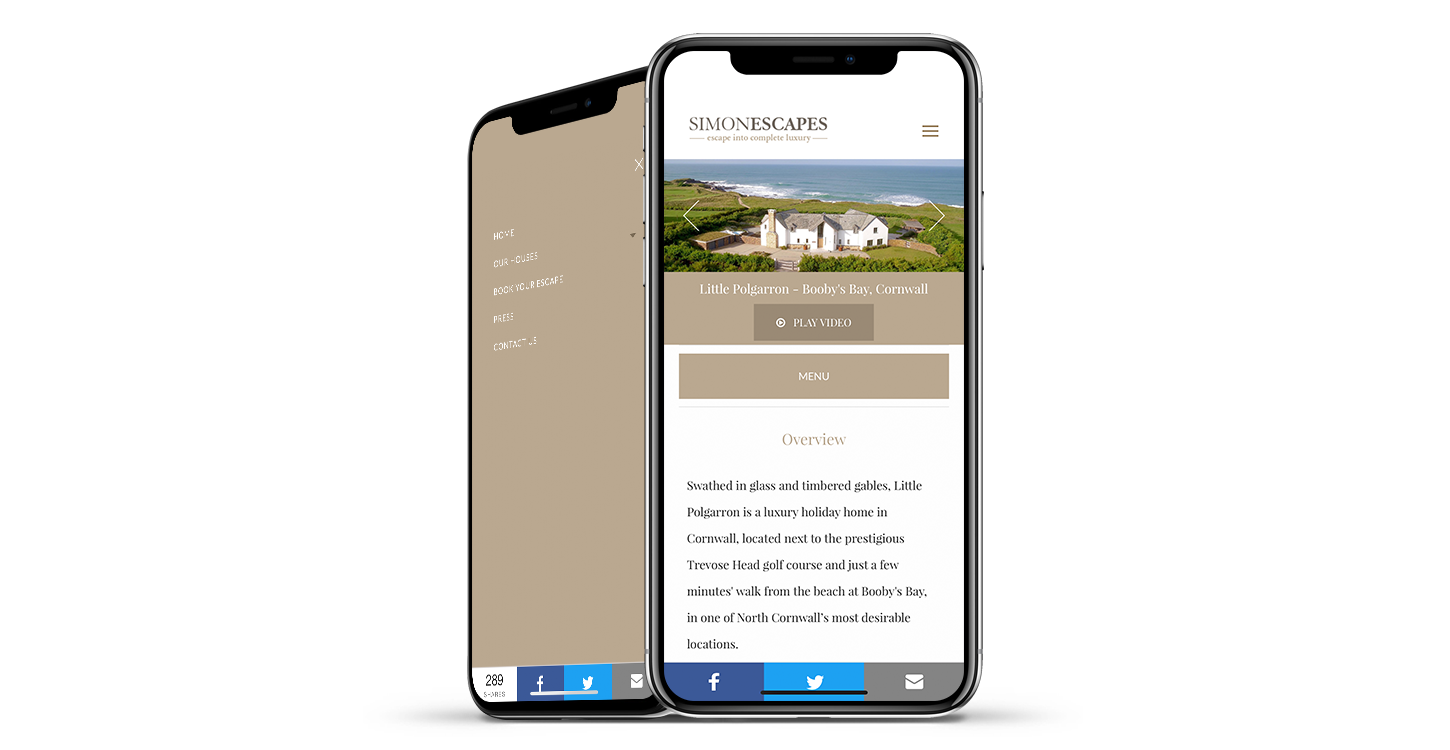 Simon escapes ,menu and property pages shown on two iphones standing upright