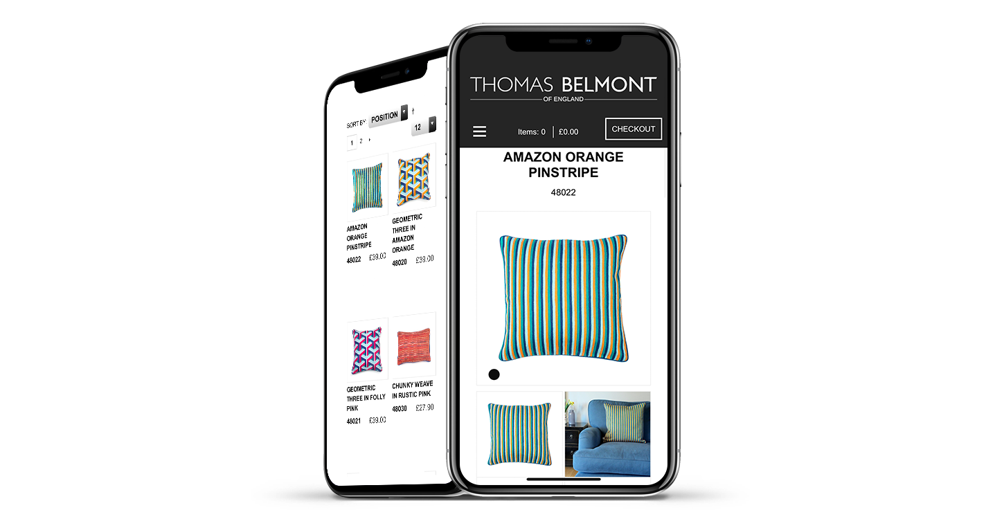 The Thomas Belmont website displayed on two iphones standing upright, both showing product pages