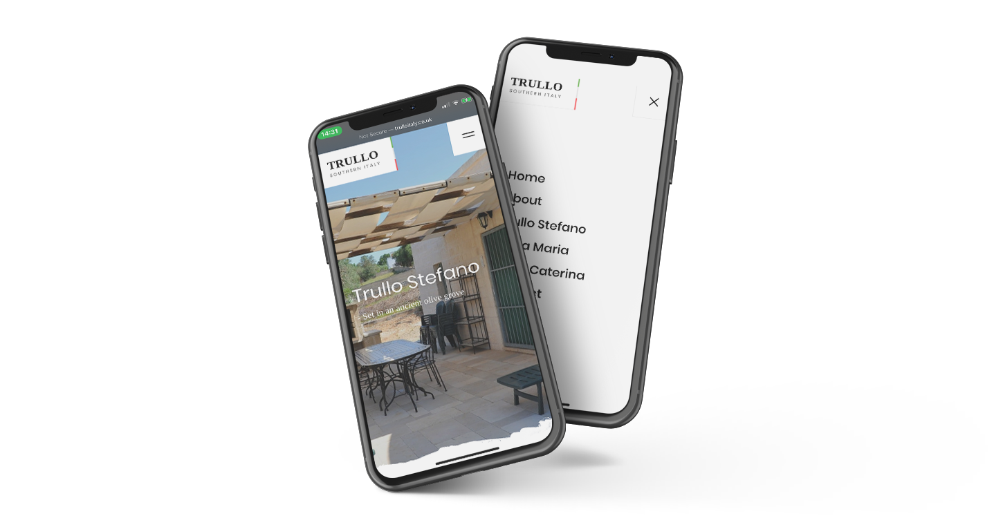 The Trullo Italy website displayed on two iphones, showing the home page and menu page