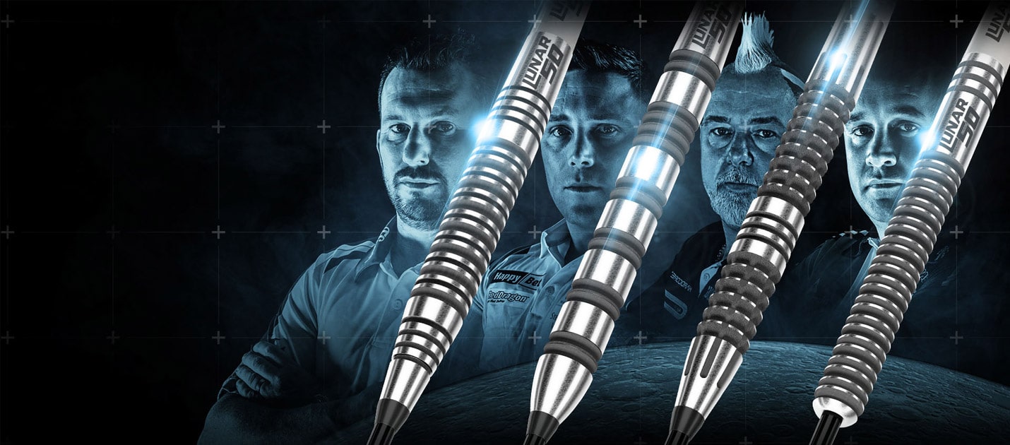 Four red dragon darts with famous darts players behind them in a dark theme