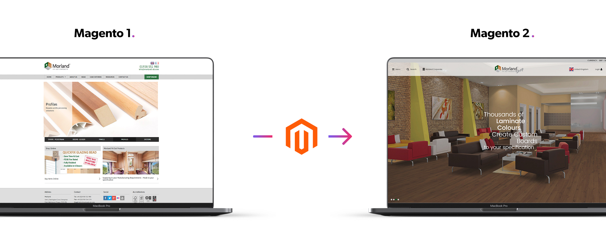 Two websites side by side displaying Morlands new website and old website in comparison, divided by an arrow showing the magento logo