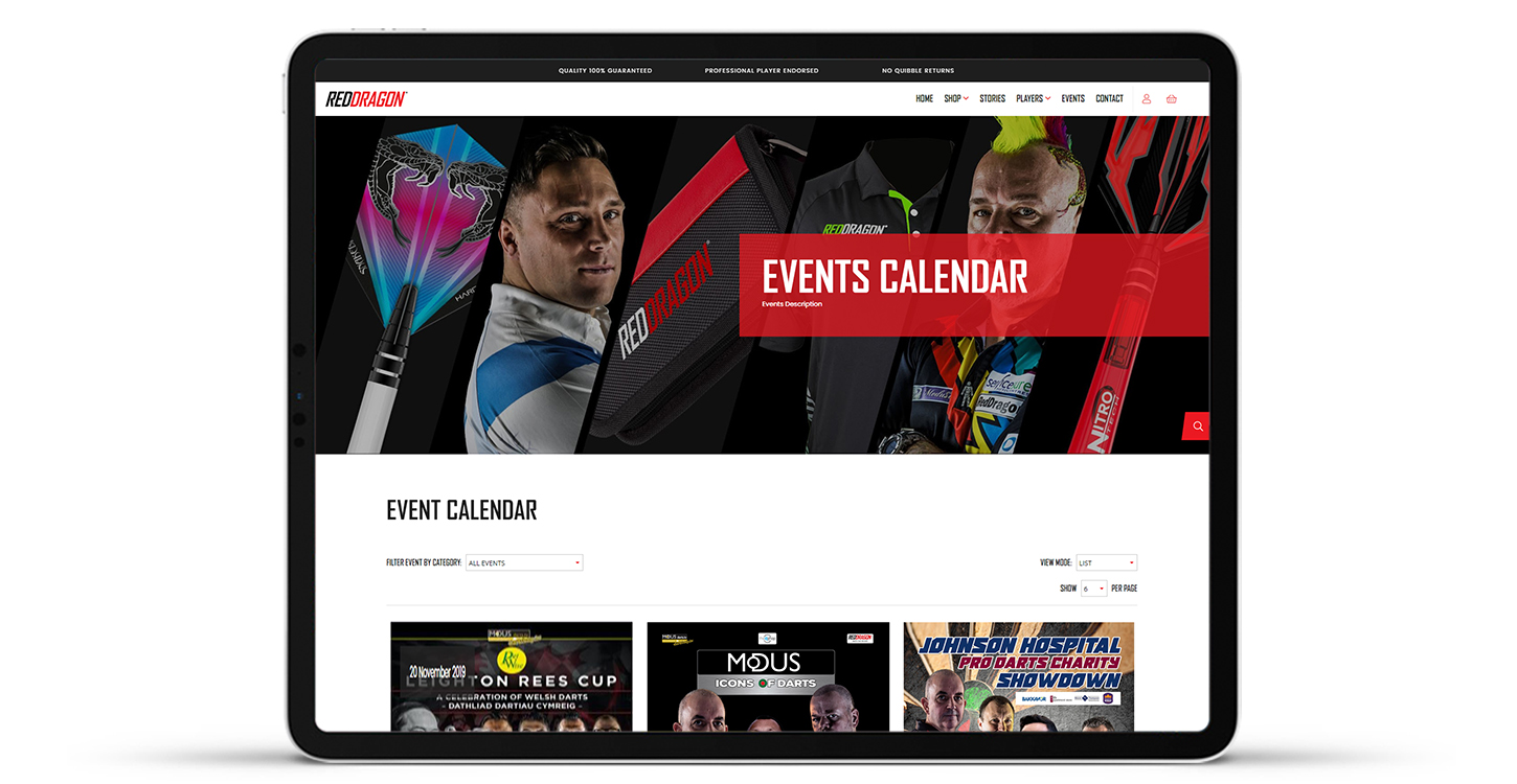 iPad showcasing Red Dragon Darts new events page