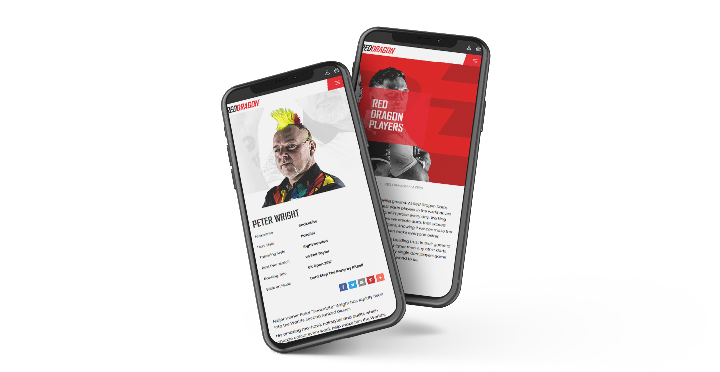 Two hovering iphones overlapping one another displaying popular red dragon darts Magento Website Development