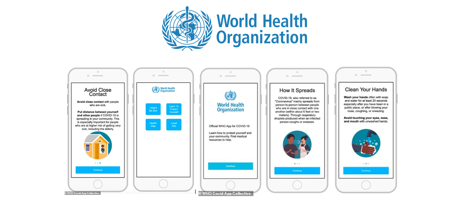 five phones in a row showing the world health organistion app, with their logo above 