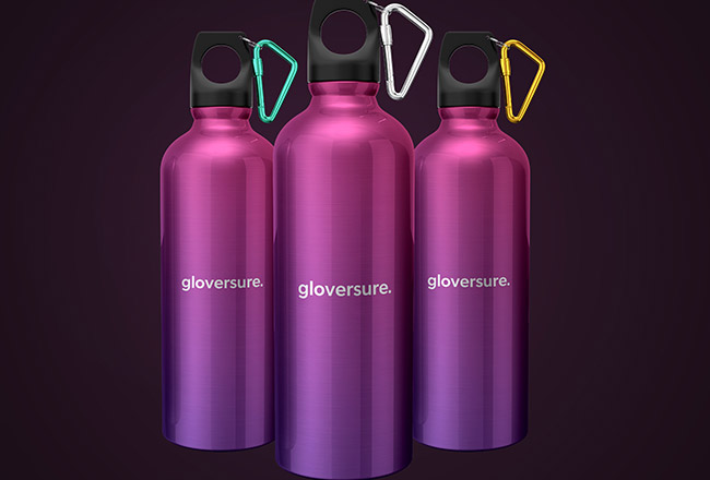 Branded gloversure waterbottles with carabiner