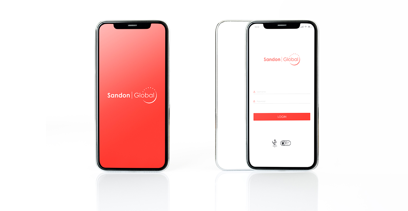 The Sandon Global App home page and login portal page displayed on two iphones side by side
