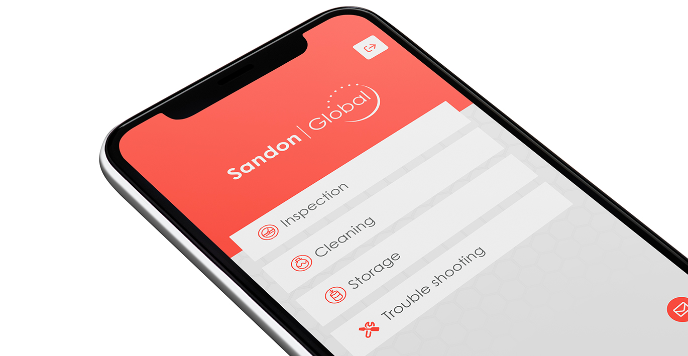 The Sandon Global App menu page displayed on an iphone close up, with a red and white design theme