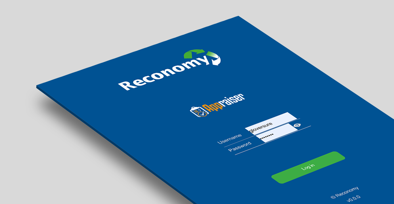 Reconomy login page shown on a flat surface, a blue themed page with the reconomy logo at the top