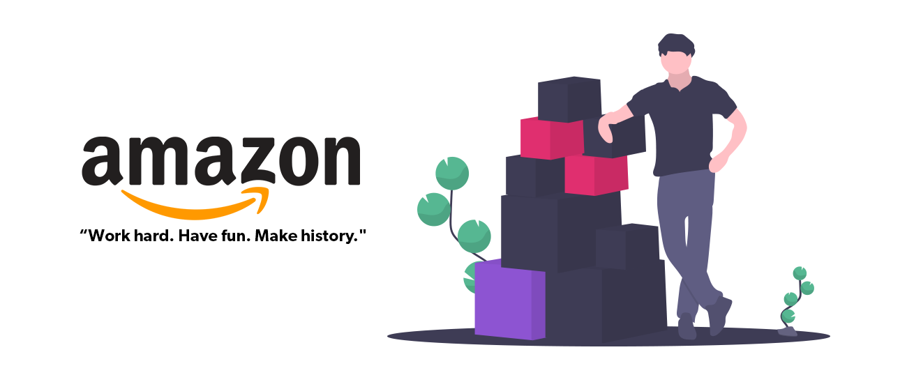 amazon advert banner showing a cartoon man leaning on pink, purple and black boxes 