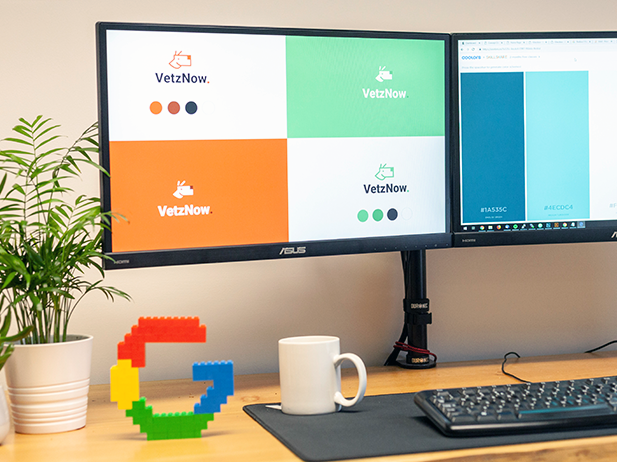Two computer screens displaying brand identity work for vetznow