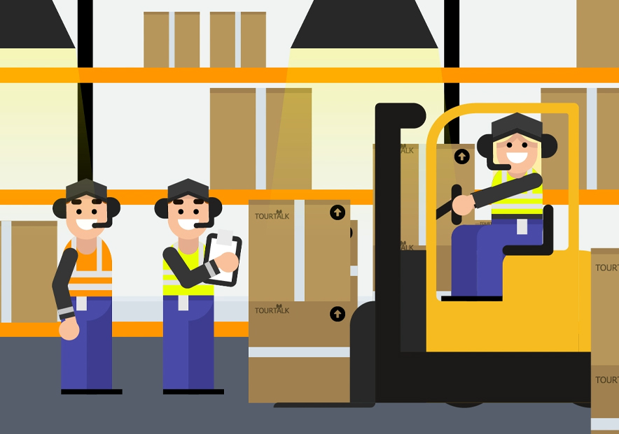 Tour Talk Animation. Illustration of two men wearing high vis vests and a lady on a forklift truck with a highvis moving boxes in a warehouse.