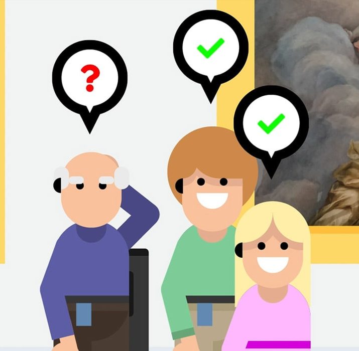 Tour Talk animation, displaying three characters with speech bubbles above thier heads in a museum