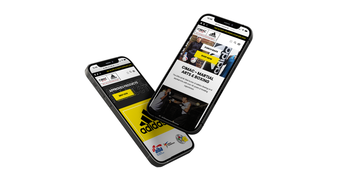 Cimac product pages displayed on two floating iphones, one is overlapping the other
