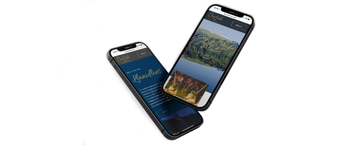 Two phones showing chartists new website, floating in the air side by side view