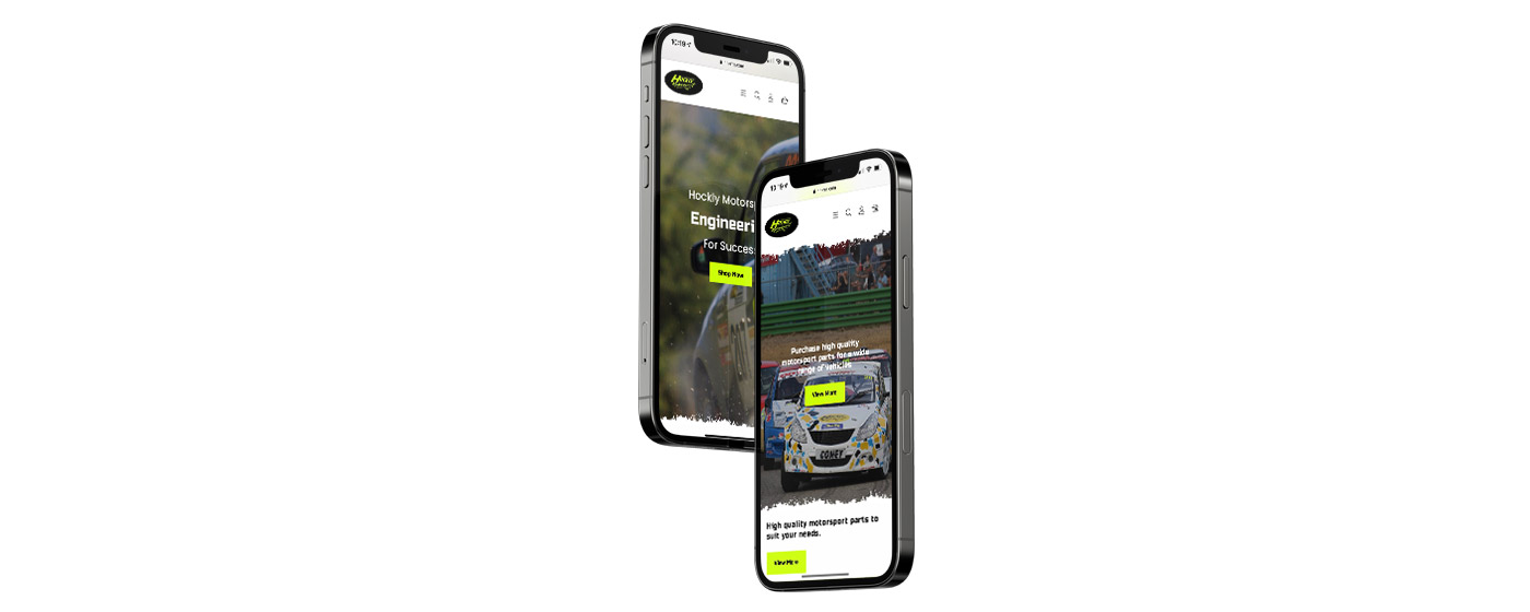 Two phones showing Harry Hockly Motorsports new website, side by side view