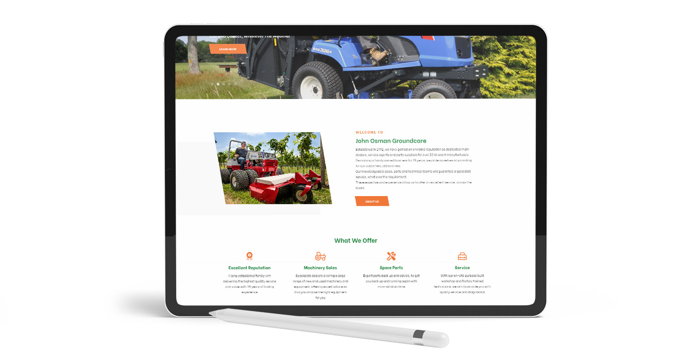 John Osman website showcased on an iPad displaying Welcome to John Osman Groundcare and information about the company with large images of agricultural machinery.