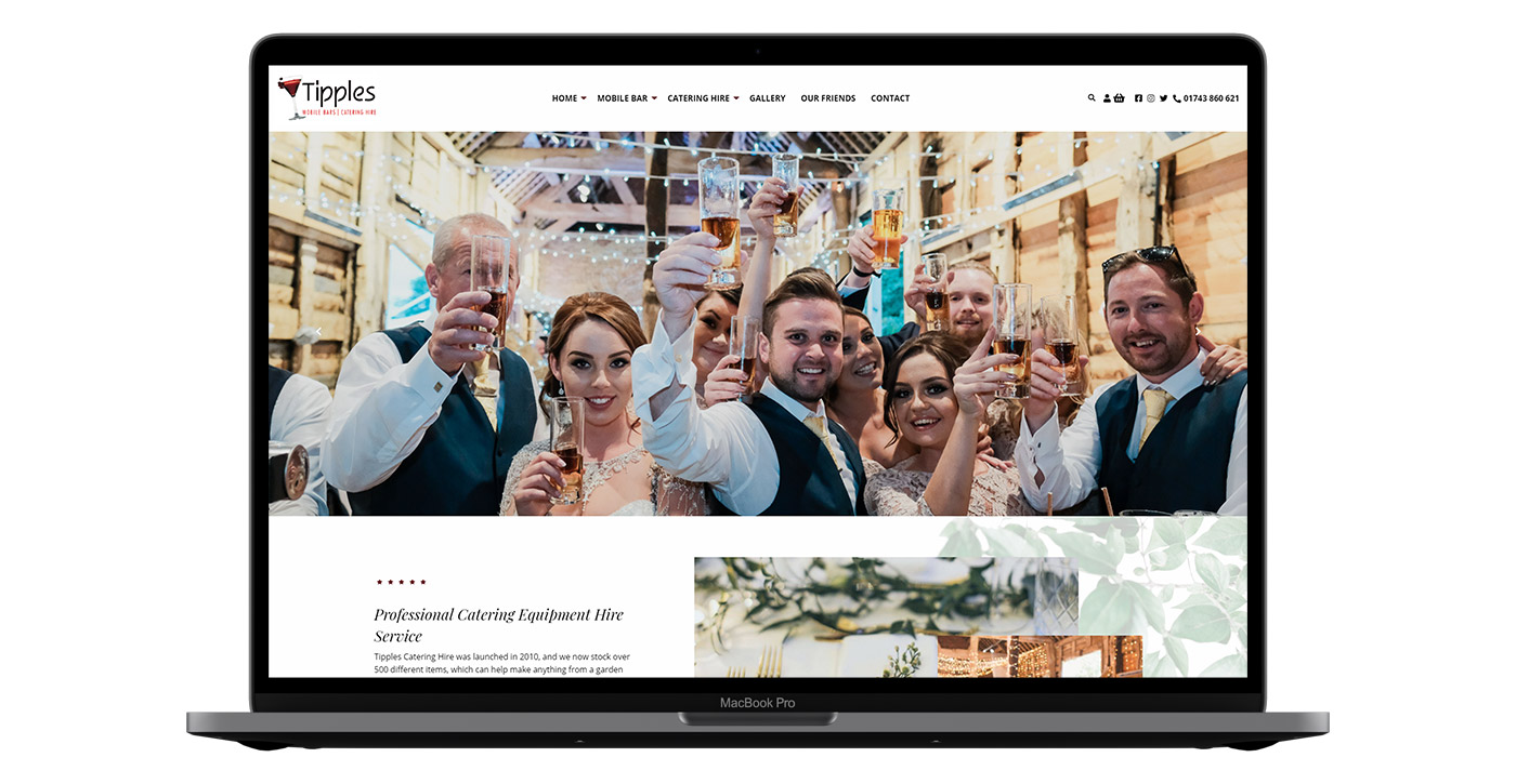 Tipples Mobile Bar and Catering Hires new website, a large banner with wedding guests raising their glass.
