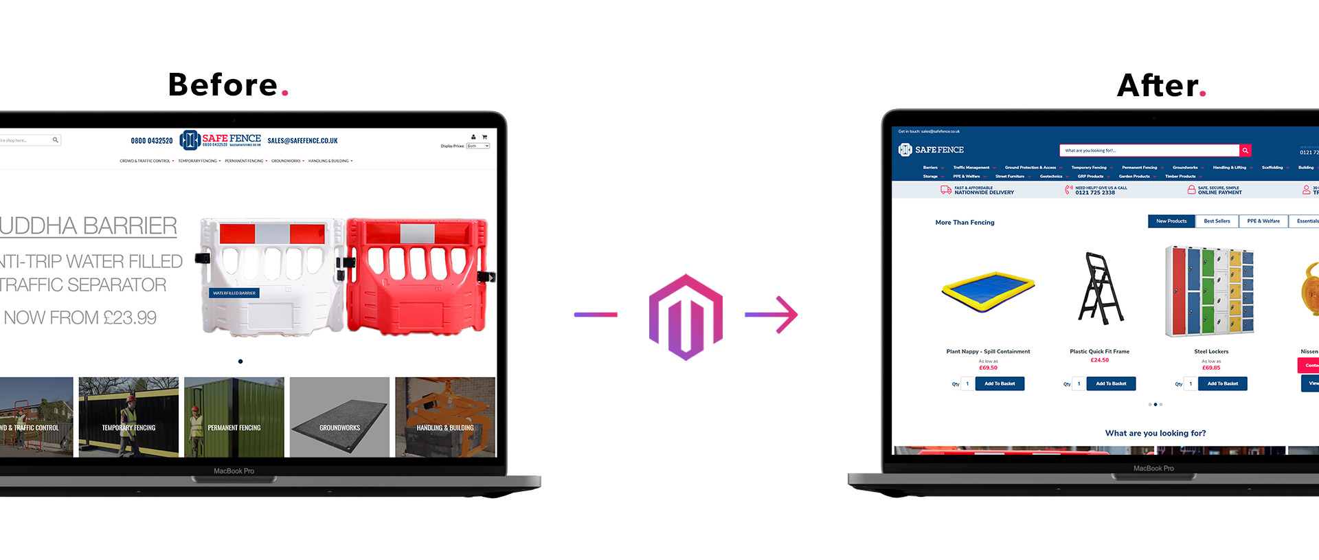 Two laptops showing web design for construction business safe fence transition from Magento 1 to 2