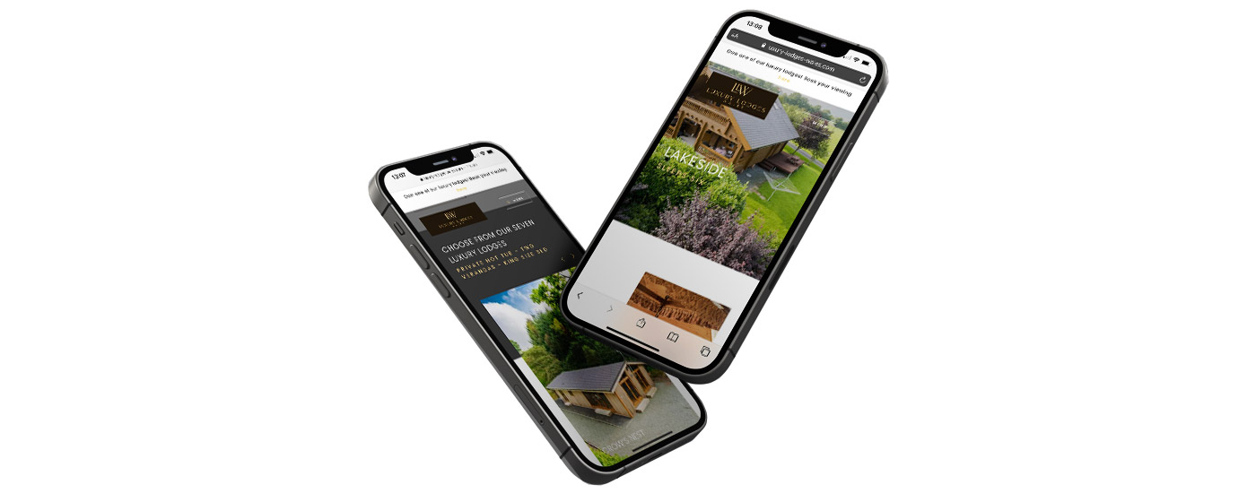 Luxury Lodges Wales web design displayed on two iphones, one is overlapping the other