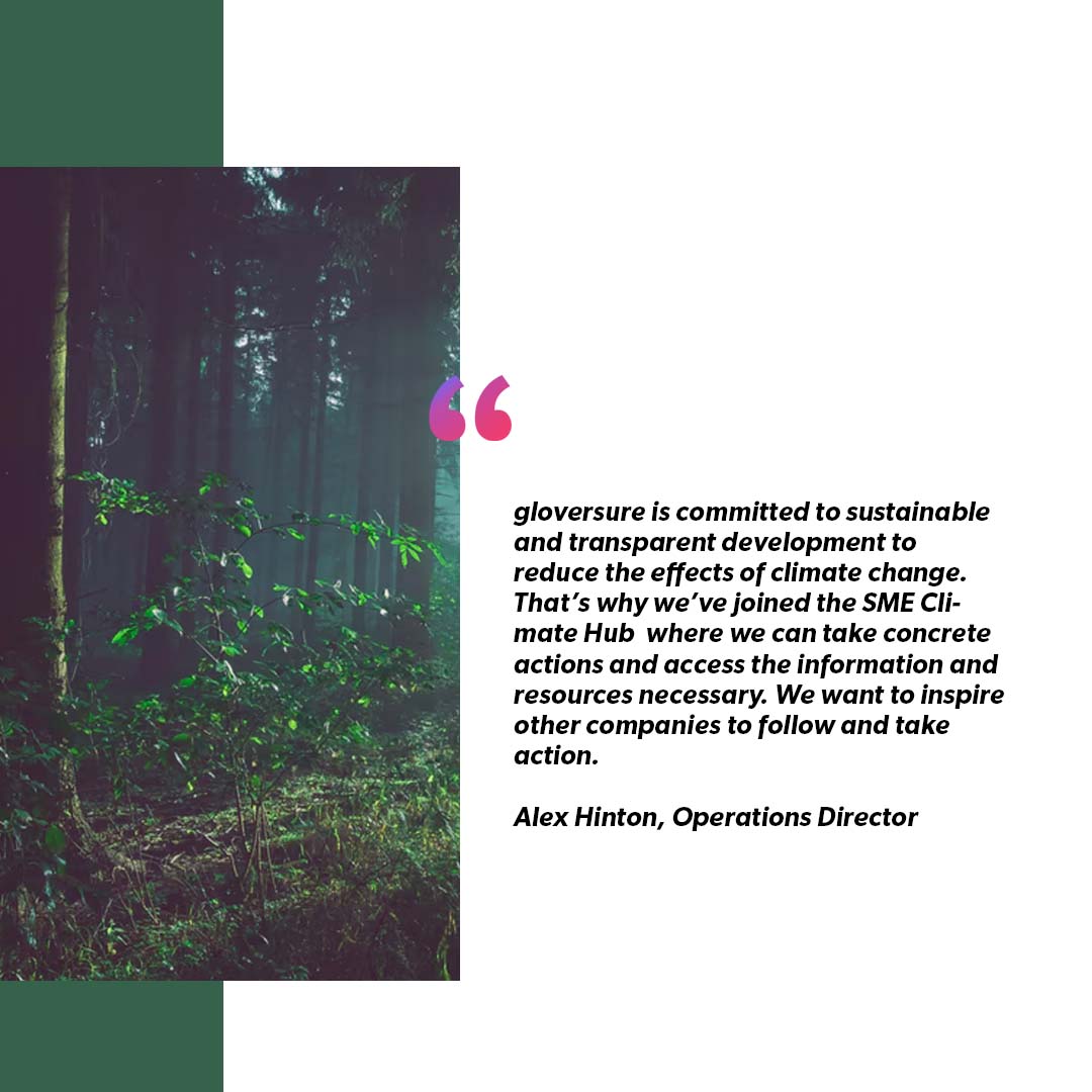 alex hintons quote on gloversure joining the SME Climate Hub commitment, with a picture of dark forest to the left of it