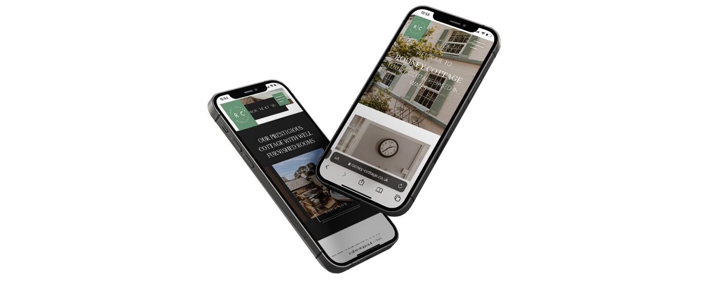 Rodney Cottage holiday home Website design displayed on two floating iphones, one is overlapping the other