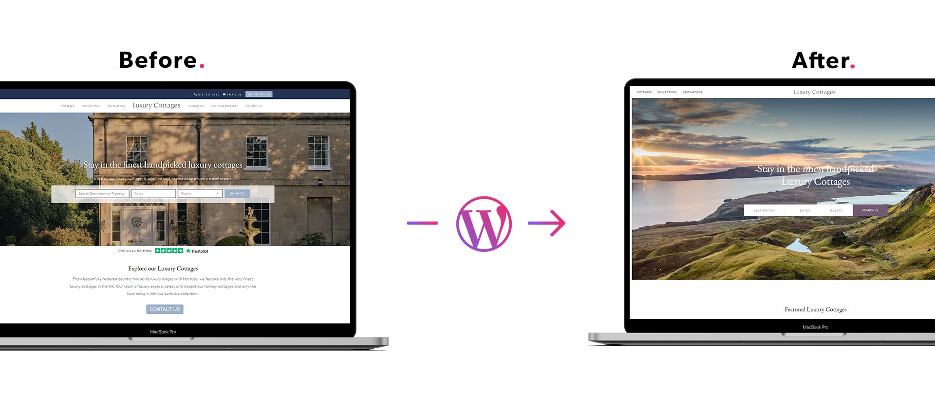 Before and after photo of Luxury Cottages website, displayed on two laptops with an arrow and wordpress logo in between them