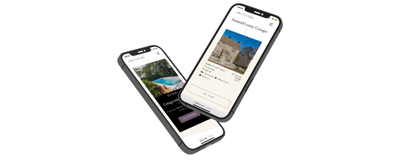 Luxury Cottages property pages displayed on two floating iphones, one is overlapping the other
