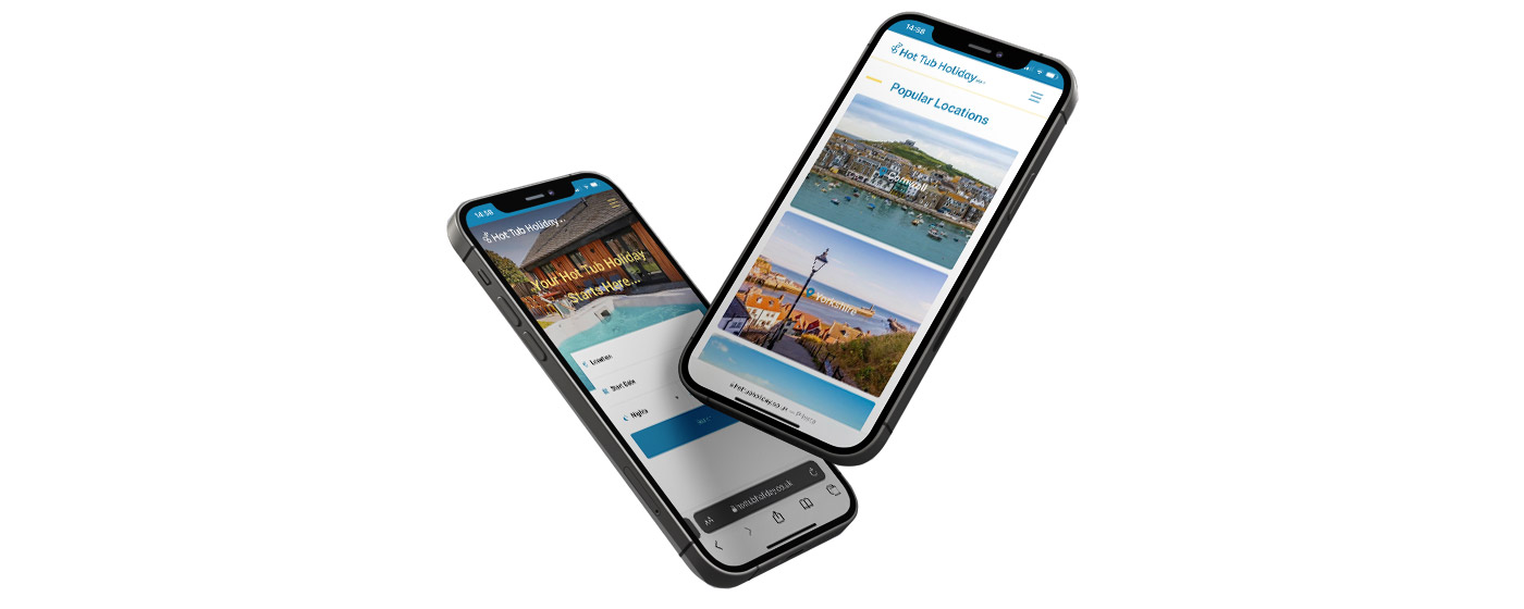 Hot tub holidays holiday rental web design displayed on two floating iphones, one is overlapping the other