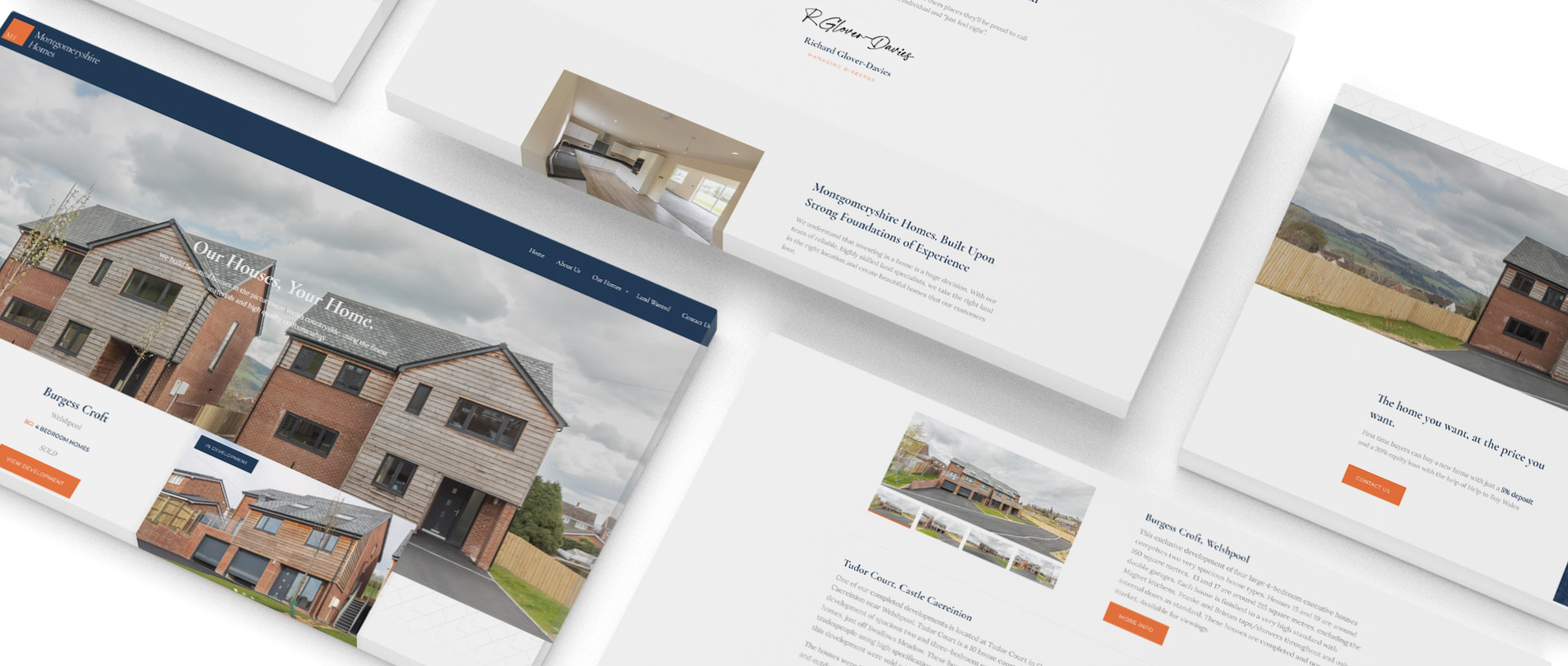 Montgomeryshire Homes Property Development Web Design pages displayed out on a flat surface