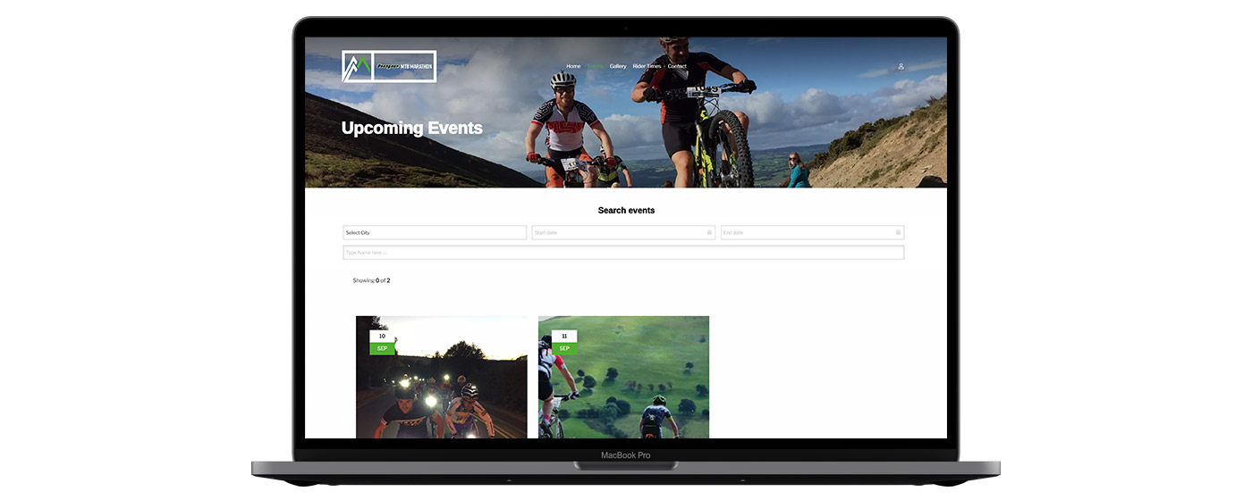 MTB Marathon's new WooCommerce bike web design homepage displayed on a laptop
