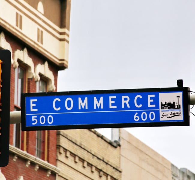 Blue road sign with eCommerce on